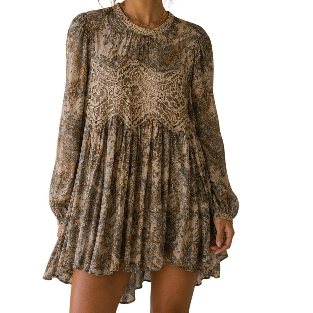 Free‎ People Tan Blue Paisley Crochet Lace Tunic Top Mini Dress Women's XS
